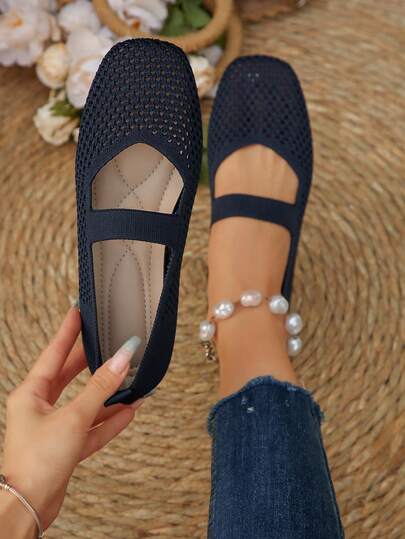 女士编织玛丽珍平底鞋，方头网面透气鞋，舒适优雅针织休闲平底鞋，海军蓝，学生鞋，女士休闲鞋