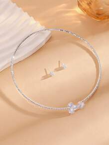3pcs Set Metal Collar Necklace With Rhinestones Elegant And High-End Necklace And Earrings Set For Women