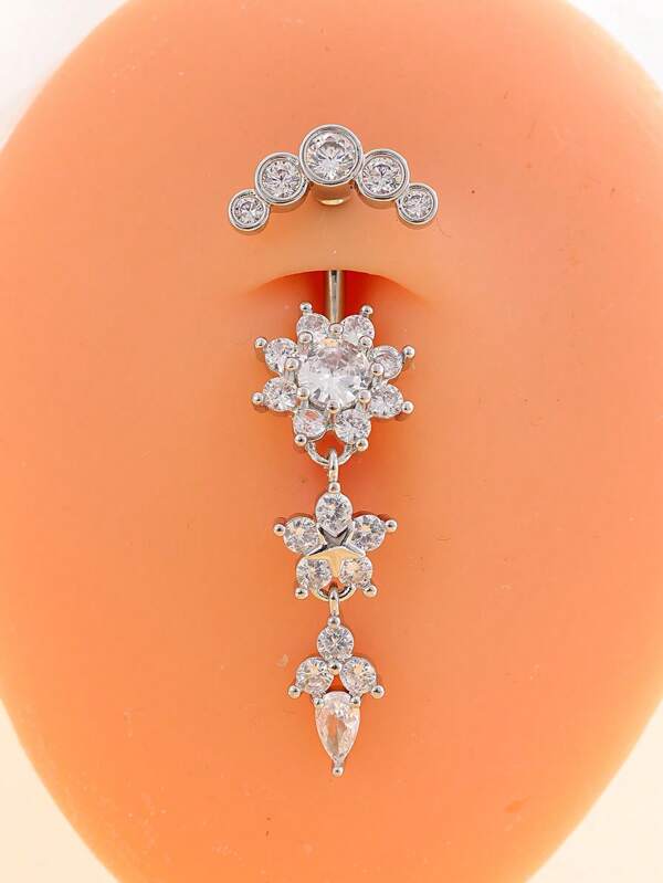 1 pieza Anillo de ombligo de 3 piezas de acero inoxidable con 18-CZ con diseño de luna nueva, media luna con 5 diamantes, joyería de ombligo clásica para uso diario