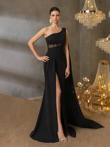 Faeriesty Elegant One-Shoulder Evening Gown With Fishbone Structured Slimming Silhouette & Floor-Length Skirt - Perfect For Luxury Weddings, Red Carpet Appearances, Art Gallery Dinners, And Executive Business Dinners - Black - View 1
