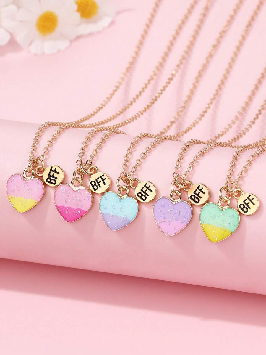 Bộ 5 dây chuyền mặt trái tim tráng men nhiều màu hợp kim kẽm cho bé gái kèm thẻ BFF, thích hợp để đeo hàng ngày và chia sẻ với bạn thân - Nhiều màu - Xem 1