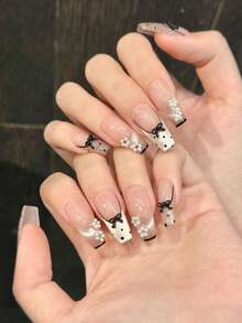 10片芭蕾舞甜心猫眼蝴蝶结仿珍珠花朵法式波点手工美甲亚克力按压式美甲夏季美甲甜美可爱短棺材/长椭圆法式假指甲返校全覆盖指甲贴片，含果冻胶和指甲锉，DIY美甲用品手工按压式美甲 - 粉色 - 查看 17