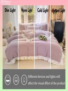 3 pièces Ensemble de literie étudiante très doux de couleur violet clair, housse de couette plissée grande fleur amicale pour la peau (1 housse de couette, 2 taies d'oreiller), lavable sans rembourrage