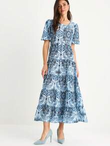 BIANCO LUCCI Women's Round Neck Balloon Sleeve Patterned Linen Textured Long Dress - Blue - View 6