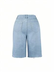 Quần short Bermuda denim ống rộng rách gấu kiểu vintage Y2K với túi bên hông, quần short thoải mái cho lễ hội âm nhạc mùa hè. - Màu xanh nhạt - Xem 3