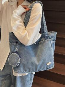 New Fashion Casual Solid Color Washed Canvas Women Tote Bag With Multiple Pockets, Shoulder Bag, Large Capacity Suitable For Commuting & Shopping,Including Coin Purse