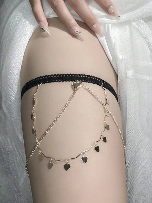 1pc Black Lace Elastic Thigh Garter, Fashionable Tassel & Heart Chain Thigh Chain Leg Harness, Bridal Wedding Accessories