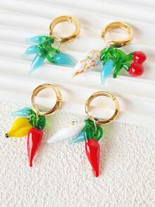 2 件夏季海滩玻璃辣椒萝卜樱桃水果不锈钢 PVD 镀金环状耳坠女式日常佩戴防水珠宝 - 水果 - 查看 12
