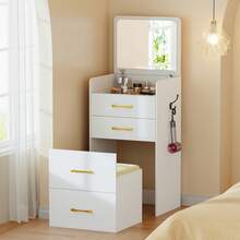 Gurexl 3 In 1 Vanity Desk With Flip Top Mirror,Small Make Up Vanity Set With Visible Glass Desktop,Compact Makeup Vanity With 3 Drawers,Cushioned Stool,Dressing Table For Bedroom - 白色 - 查看 9