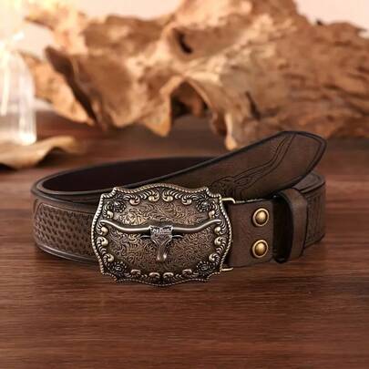 1pc Versatile Western Cowboy Embossed Graphic Print Casual Bohemian PU Leather Rivet Fashion Versatile Youth Stylish Belt, Suitable For All Seasons Summer, School Casual, Business, Boyfriend Husband Father Dad Men Gift, Daily Wear, Fashion, Teen, Outdoor, Vacation, Athletic, Travel, Street, Boho, Vintage Fall, Autumn, Halloween Autumn-Winter Accessories,Suitable For Teens, Youth,Men,Casual, Outdoor, Athletic, Vacation, Graduation Gifts, Birthday, Daily Wear