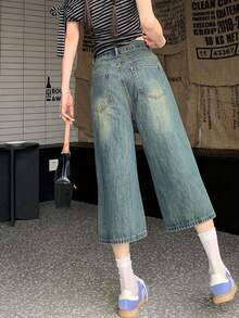 Quần jeans ống rộng 3/4 kiểu Mỹ, quần ống đứng dáng suông thoải mái, phong cách retro, dành cho nữ. - Màu xanh lam - Xem 5