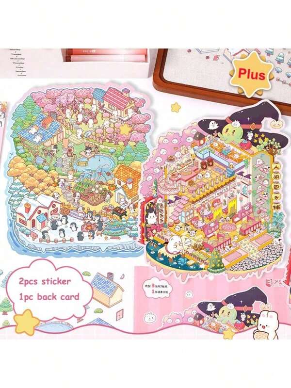 Big Size 3D Cartoon Sticker Scenes, DIY House Stickers For Four Seasons Town, Breakfast Shop, Soft And Cute Little Rabbit Castle, Little Bear Paradise, 3D Cute Miniature Scene Stickers For Adult Kids Relief Stress Pass The Time