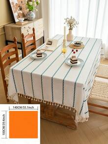 1pc Japanese Minimalist Ins-Style Green Geometric Stripe Embroidery Rectangular Tablecloth With Tassels, Washable, Suitable For Family Gatherings, Birthday Parties, Weddings, Dinners, Home Decor, All Seasons - Multicolor - View 17