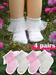 4 pares de calcetines de tobillo con volantes de tela de malla para niños