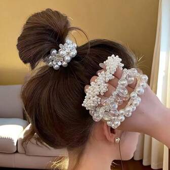 1pc Elegant Floral Print ABS Plastic Scrunchie, Fancy Faux Pearl & Rhinestone Decorated Hair Tie For Buns, Ponytails, Bracelets, All Season, Ponytail Holders, Hair Elastics, Hair Rubber Bands ,Head Piece ,Hair Accessories,Hair Rope
