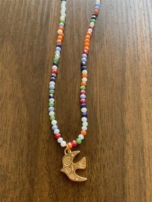 手工彩色串珠项链，配不锈钢燕子吊坠