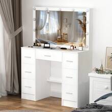 White Dressing Table 11 LED Lighted Mirror, 3 Color Modes Adjustable Brightness Mirror Dressing Makeup Table,Vanity Set 7 Drawers Dresser 39.4 X 15.7 X 55.2 Inch