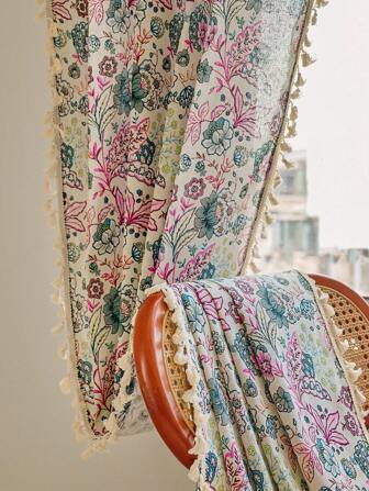 1 Piece Of Floral Plant Color Printed Blackout Curtain, Bohemian Style Rectangular Tassel Light-Blocking Drapery, Suitable For Living Room, Bedroom, Kitchen, Dining Room, Hotel, Cafe, Festival Decoration, All-Season Home Use