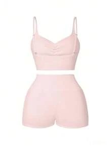 2pcs Women Fashionable Sexy & Comfortable Marl-Color Casual Sporty Set