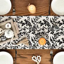 Pumpkin Vine & Dark Floral Autumn Table Runner, Seasonal Fall Kitchen Dining Table Decor For Home Party