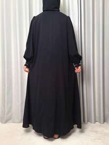 Elegant Solid Color Women's Robe, Western & Retro Style, Black Long Sleeve Abaya Jalabiya With Zipper, Pearls & Rhinestones, Modest Kaftan