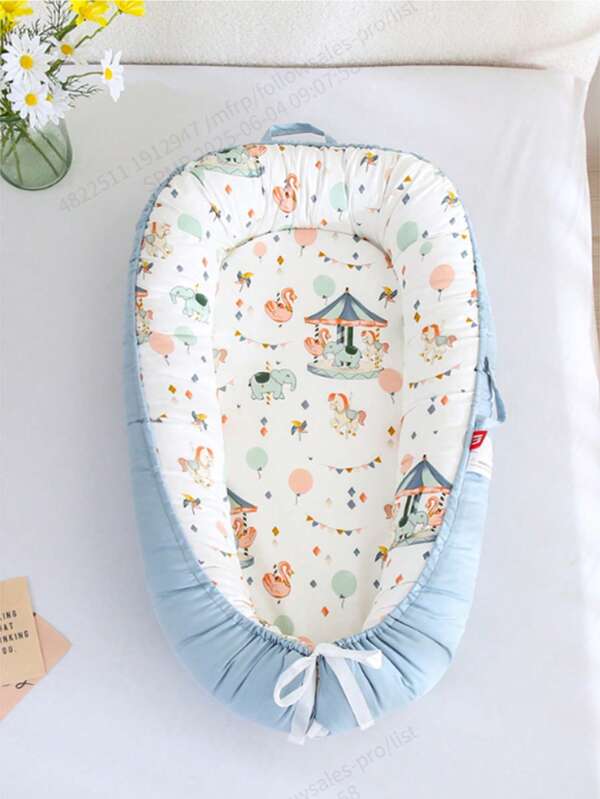 1Pc Cute Cartoon Carousel Baby Nest With Pollow For Nursery,Foldable Washable Portable Infant Crib