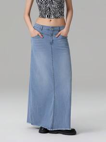 Women's Mid Waist Denim Skirt Solid Color Long A-Line Skirt With Pockets - 淺藍色 - 查看 2