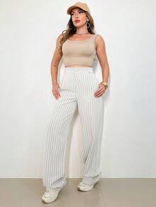 MODA MO, REF: H932. Striped Women's Pants, High Waist, Wide Leg, Light, Casual, Formal, Stylish, Elegant. - 白色 - 查看 4