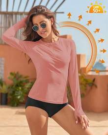 Women Rash Guard Long Sleeve UPF 50 Swim Shirts SPF Sun Protection Swimsuit Top No Bottom - Red - View 3