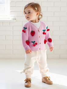 Suéter de punto para niñas, manga larga, cuello en V, cárdigan con bordado de cerezas - Rosa - Ver 3