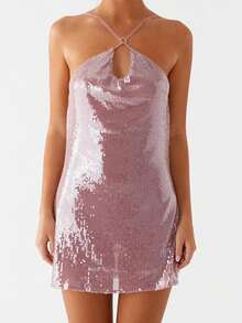 Women Mini Dress Sequins Sleeveless Spaghetti Strap Dress Summer Fashion Backless Dress - Màu tím - Xem 1