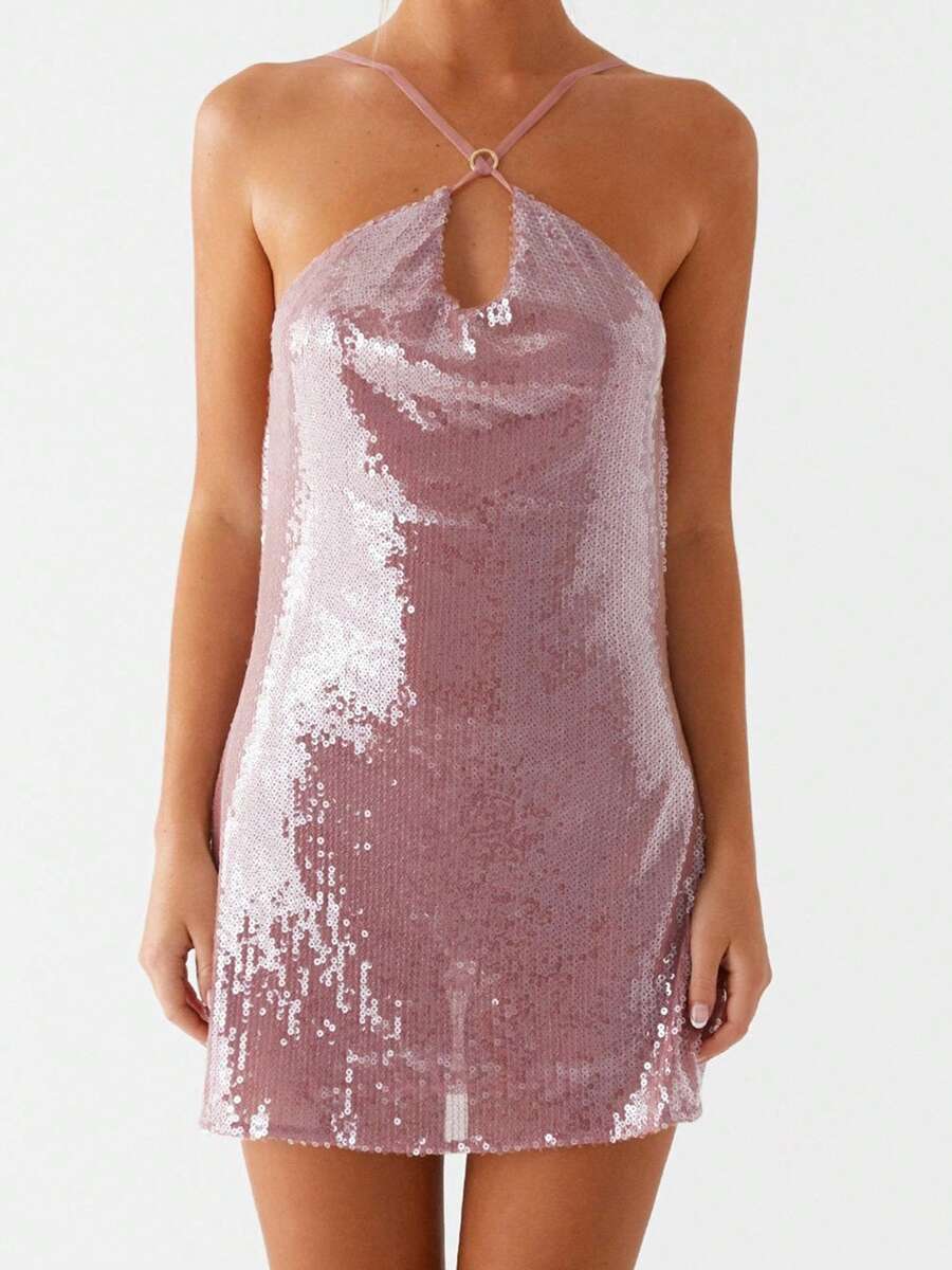 Women Mini Dress Sequins Sleeveless Spaghetti Strap Dress Summer Fashion Backless Dress - Màu tím - Xem 1