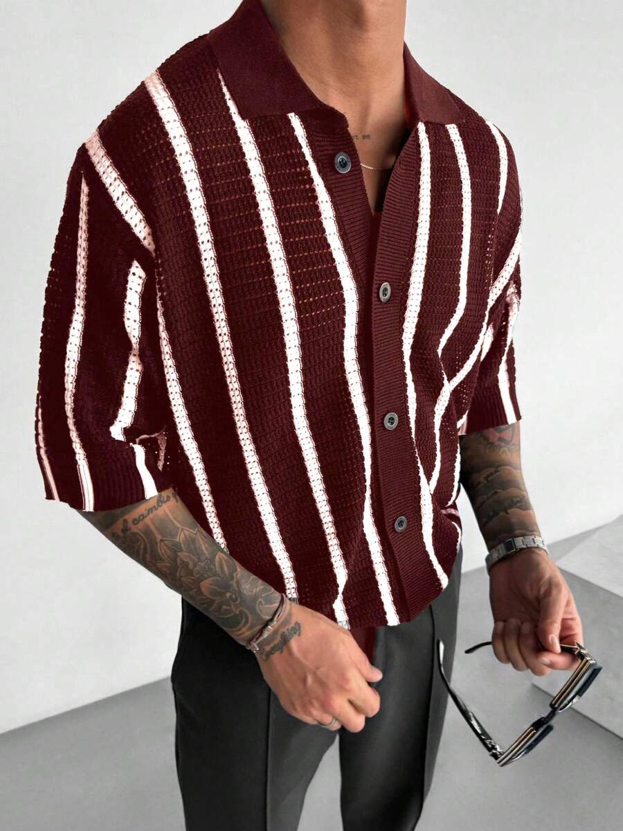 Men's Colorful Hollow-Out Knitted Cardigan, Fashionable For Summer - Burgundy - View 1