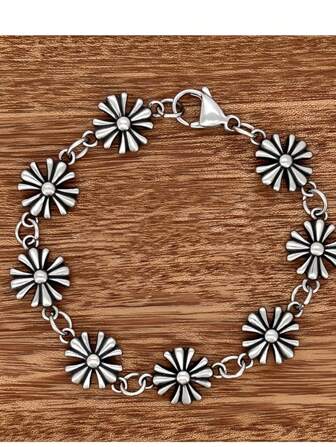 1 Pc Fashionable European Style Stainless Steel Unisex Cross Floral Chain Bracelet