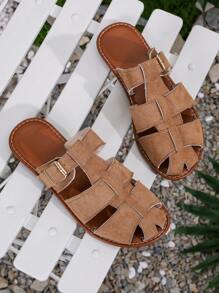 European&American New Hollow Out Woven Flat Slide Sandals With Buckle, Versatile To Pair With Dresses, Casual Beachwear, Retro Style Slip-On Open Toe Breathable Non-Slip Mules For Women