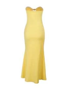 Women's Autumn Strapless Metal Color Beach Vacation Bodycon Dress - Yellow - View 6