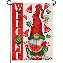 Zwerg Gartenflagge für den Sommer - leuchtendes rotes Zwerg Wassermelonen Hut, Eis und Sonnenblumen Design, beidseitig bedruckter Polyester Gartendeko, 12x18 Zoll, geeignet für saisonalen Farmhouse Stil, Outdoor Dekoration | Lustiges Design | Strapazierfähiger Polyester, Wassermelonen Thema Dekoration