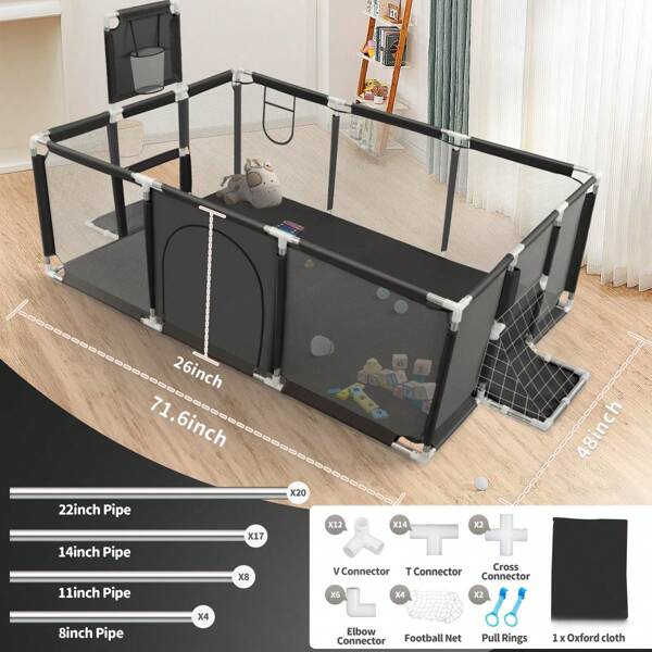 180CM Baby Playpen With Basketball Hoop Play Fence Yard For Toddlers Safe Indoor Black