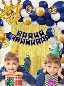 142 Blue Sapphire And Gold Decorative Balloons, Decorated With A Navy Blue Balloon Garland Set, Gold And White Confetti, Aluminum Foil Crown, Suitable For 2025 Graduation, Bridal Party, Birthday, Party Decoration.