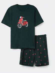 Men's Pajama Set, Thin Round Neck T-Shirt With Cartoon Moped Print And Elastic Waist Shorts, Casual Comfortable Homewear Outfit Suitable For Summer