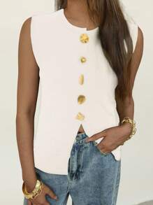 Chaleco de punto elegante y de moda para mujer, de unicolor, sin mangas, con cuello redondo, abierto por delante, con botones metálicos vintage, para uso en el trabajo