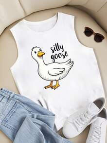 Silly Goose Playful Illustration Women's Casual Vest,Sport Comfy, Streetwear, Casual, Rock, Crew Neck,Clothing For Women, Holiday, Vacation,Festival,Daily Wear,Summer Tops - White - View 1