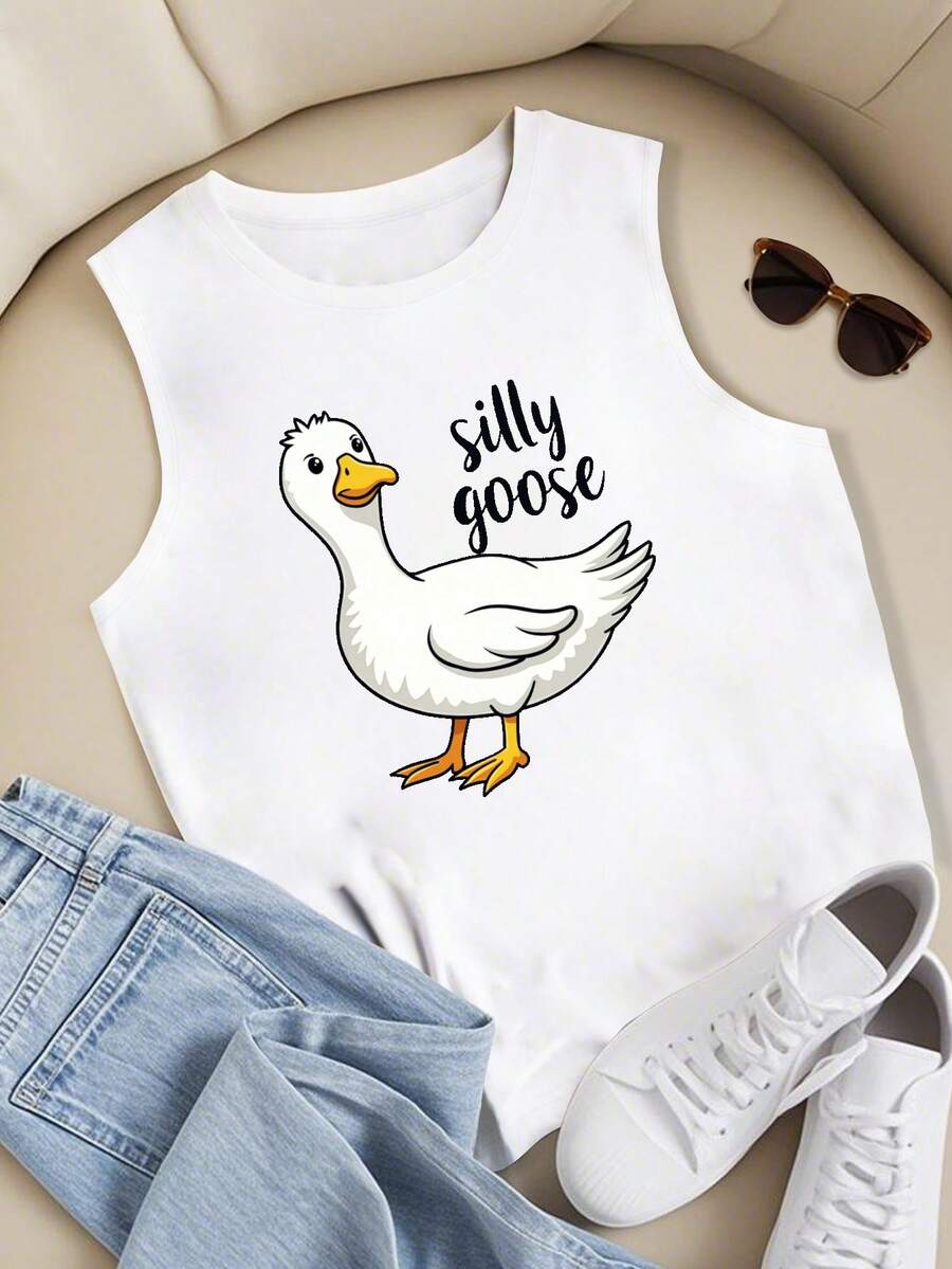 Silly Goose Playful Illustration Women's Casual Vest,Sport Comfy, Streetwear, Casual, Rock, Crew Neck,Clothing For Women, Holiday, Vacation,Festival,Daily Wear,Summer Tops - White - View 1