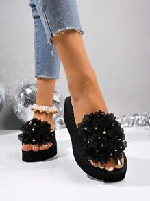 Sandalias de plataforma impermeables con cuña y comodidad para mujer, nuevas sandalias de verano casuales para la playa con decoración de lazo, chanclas negras para exteriores
