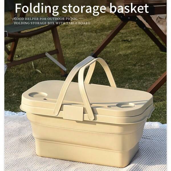 1pc Large Capacity Portable Foldable Picnic Basket With Lid, Suitable For Camping, Outdoor Excursion And Picnicking, Can Be Used As A Fruit Plate Or Fruit Washing Bowl