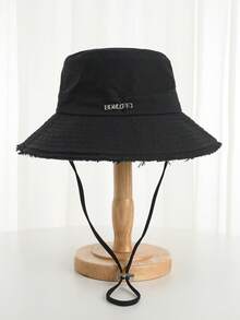 Korean Style Frayed Metal Letter Bucket Hat, Washed Vintage Rose Red Outdoor Hiking Sun Protection Cap For Women,Holiday,Travel - Hot Pink - View 19