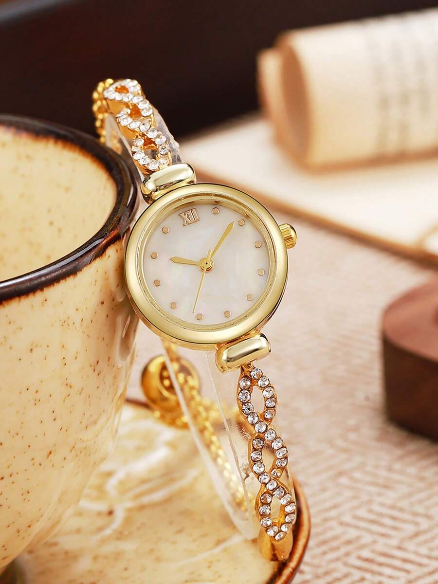 1pc/Set Cute & Elegant Round Compact Crystal Bezel Quartz Wrist Watch With Steel Strap, Suitable For Birthday, Graduation, Children Gifts - Gold - View 1