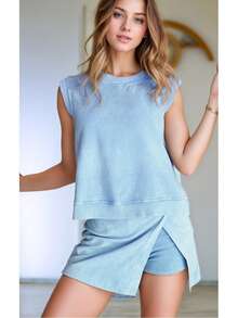Mineral Wash Round Neck Tank Top Lined High Waist Split Skirt Set - Myosotis - View 1