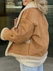 1 Peça Casaco Feminino Vintage de Lã Solta com Gola de Pele, Outono/Inverno