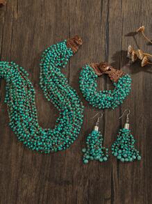 Conjunto de Joias Feitas à Mão de Crochê e Contas, Conjunto de Joias com Estilo Boêmio, Conjunto de Pulseira, Colar e Brinco em Vermelho, Branco e Verde Sólidos, 3 Peças, Novo Lançamento de Verão 2025, Versátil para Uso Diário e Férias em Todas as Estações, Acessórios da Moda, Presente Ideal